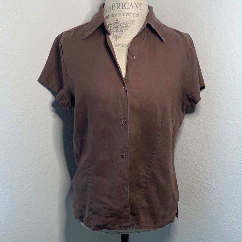 Autograph New York Brown Linen collared button down short sleeve shirt M/L